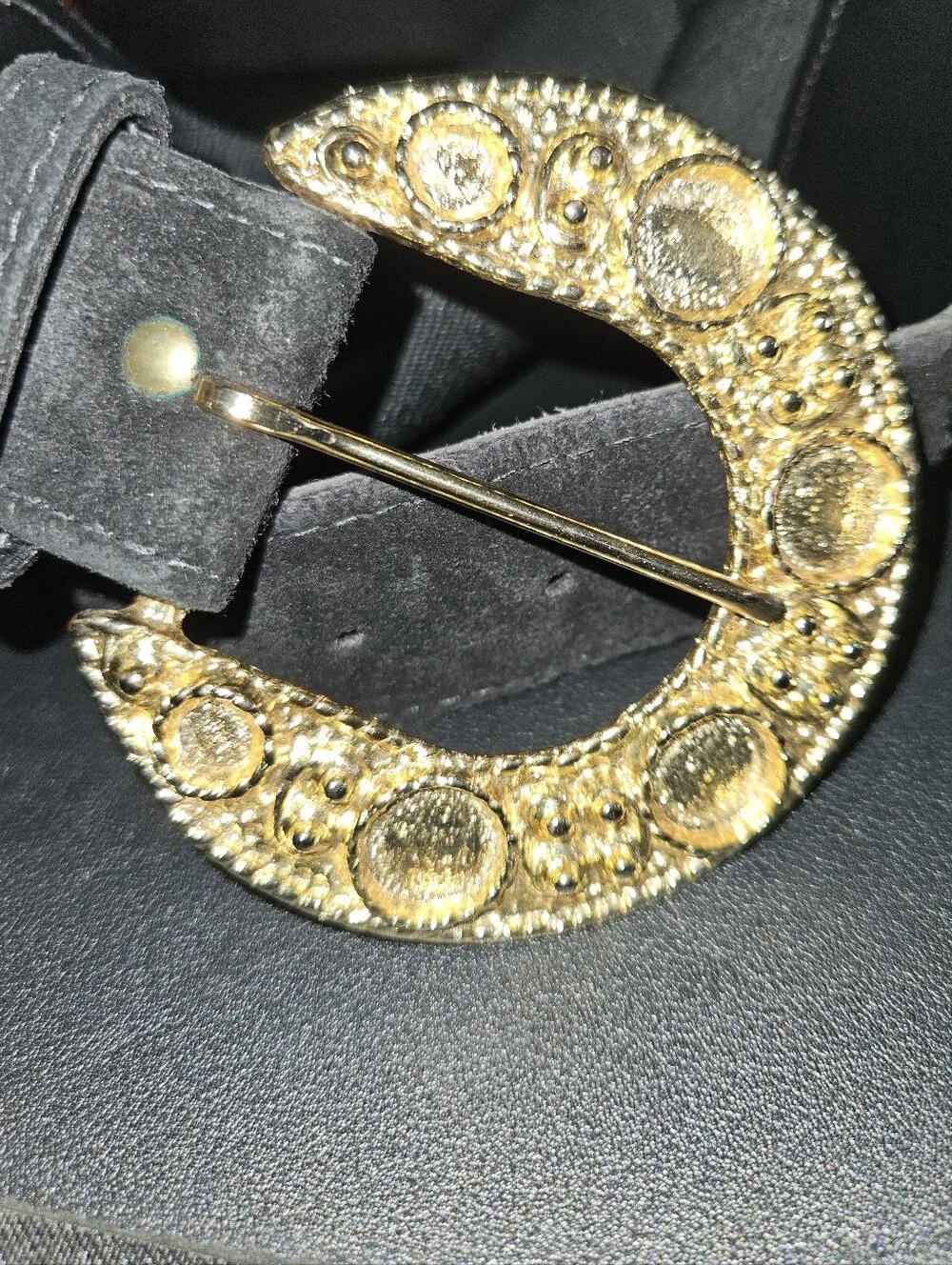 Vintage Prestige 80's Black/ Gold Suede Leather Wide Stretch Statement Belt O/S